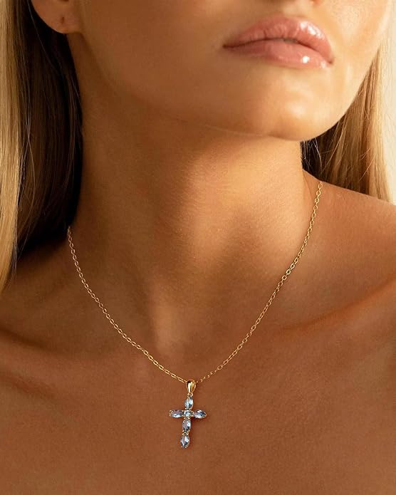 14K Gold Plated 925 Sterling Silver Birthstone Cross Necklace for Women Men