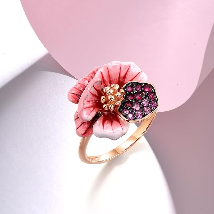 Santuzza 925 Sterling Silver Enamel Flower Statement Ring for Women