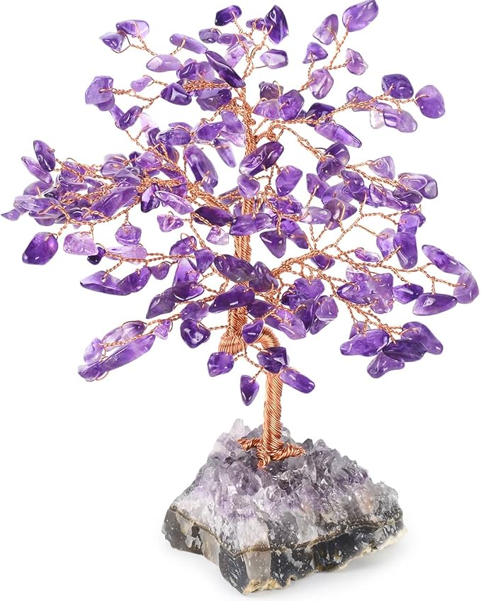 Handmade Chakra Gemstone Crystal Tree of Life,Natural Amethyst with Amethyst Cluster Base,Bonsai Feng Shui Decor Money Tree,Healing Crystals Positive Energy Gift Size 5.5"-6.3"