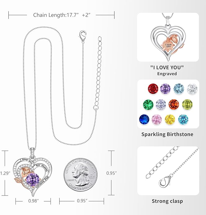 Birthstone Heart Necklaces for Women 925 Sterling Silver Fine Jewelry Rose Pendant Necklace Anniversary Birthday Mothers Day Gifts Her Wife Women Mom Daughter