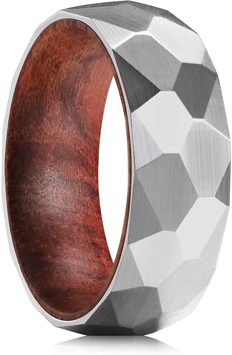 King Will 6/8mm Wedding Band for Men, Silver/Black Hammered Titanium Wedding Ring Inlaid Wood Inner Hole, Wedding Band for Men Matte Brushed Comfort Fit 7-14