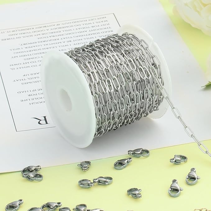 Kyutong 16.4 Feet Stainless Steel Chain Link with Spool Soldered Silver Chains for Jewelry Making 3MM Paperclip Necklace Chains Bulk for DIY Craft Bracelet Ankle Finding Supplies