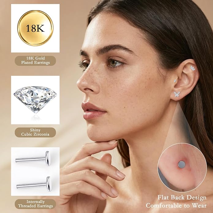 limerencia Titanium Internally Threaded Flat Back Earrings, 3 Pcs Implant Grade Hypoallergenic Studs, 18G Tragus Helix Conch Cartilage Piercing Jewelry for Sensitive Ears Women Men, Gold/Silver