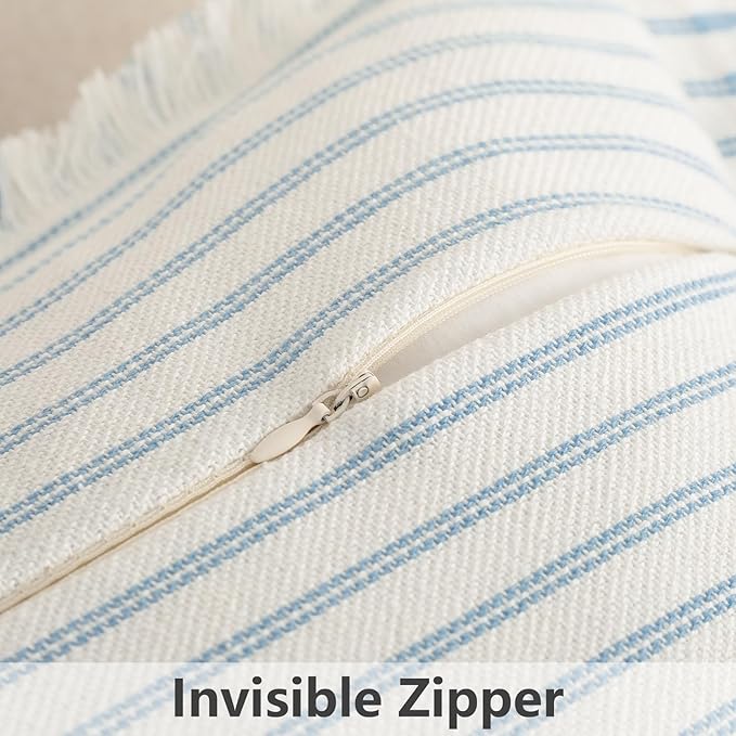 ZWJD Throw Pillow Covers 20x20 Set of 2 Striped Pillow Covers with Fringe Chic Cotton Decorative Pillows Square Cushion Covers for Sofa Couch Bed Living Room Farmhouse Decor (Light Blue)