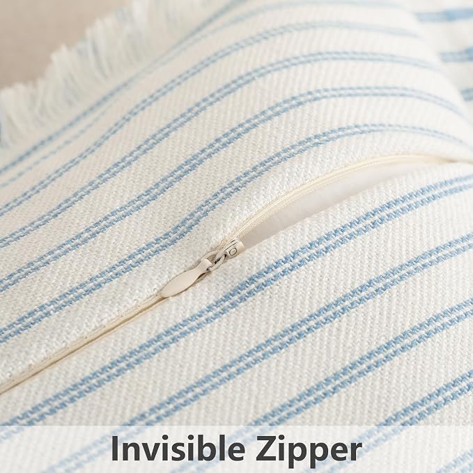 ZWJD Throw Pillow Covers 18x18 Set of 2 Striped Pillow Covers with Fringe Chic Cotton Decorative Pillows Square Cushion Covers for Sofa Couch Bed Living Room Farmhouse Decor (Light Blue)