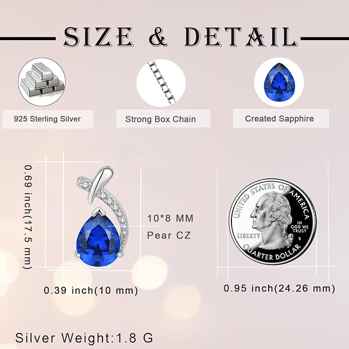 Teardrop Birthstone Necklace for Women,925 Sterling Silver Pear Cut Zircon Gemstone Pendant Necklace for Birthday Engagement Anniversary Wedding Jewelry