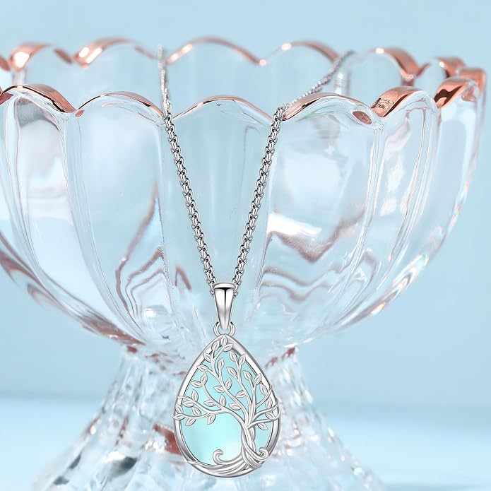 Aniu Tree of Life Necklace for Women, 925 Sterling Silver Mother of Pearl Family Palm Tree Charm Pendant Jewelry for Birthday Christmas Gift