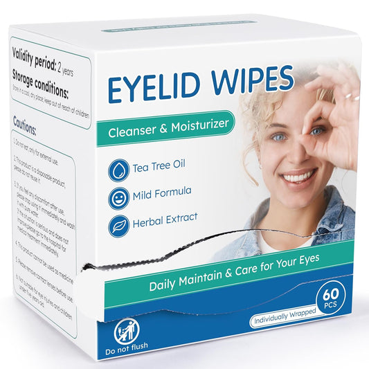 60-Count Eyelid Cleansing Wipes for Dry Eye & Blepharitis, tea tree oil Pre-Moistened Hypoallergenic EyeWipes for Sensitive Itchy Eyes, Individually Wrapped Eyelid Wipes Travel Essentials