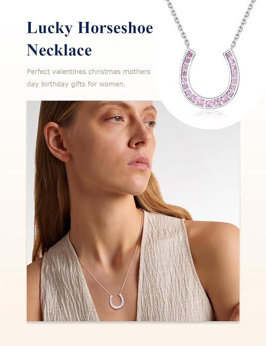 Luck Horseshoe Necklace 14K Gold Plated/Sterling Silver Created Gemstone Pendant with Chain Channel Set U Shaped Charm Necklace Birthstone Jewelry