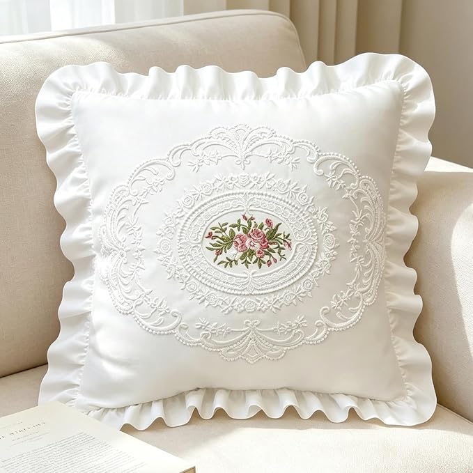 20x20 Pillow Covers, White Lace Square Cushion Cover 100% Cotton Throw Pillow Cover Pillowcase Set of 2, Decorative Cushion case,Handmade Pillowcase with Ruffles