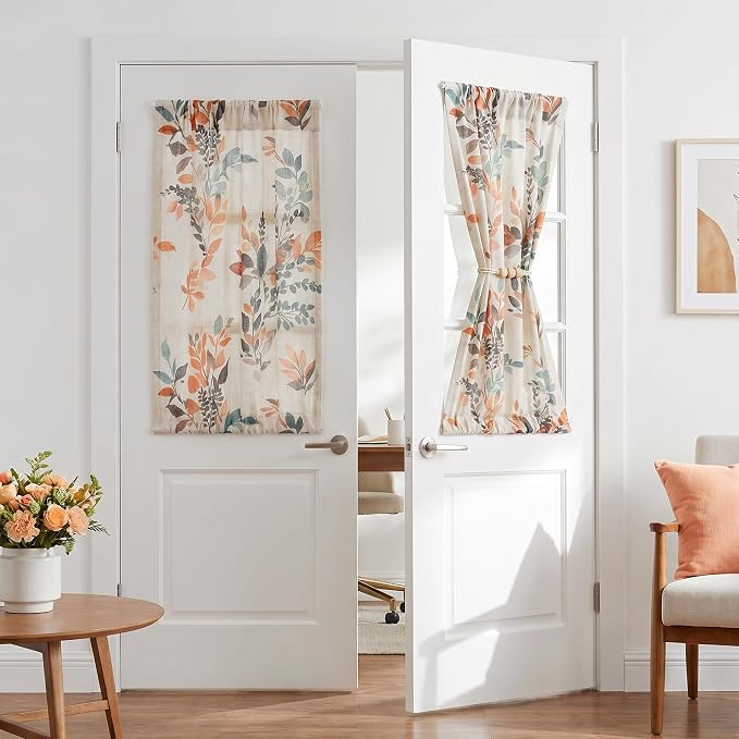MYSKY HOME Floral Linen French Door Curtains 40 inch Long 2 Panels for Front Door Light Filtering Privacy Semi Sheer Window Curtains with Rod Pocket, Burnt Orange, 24" W Each Panel