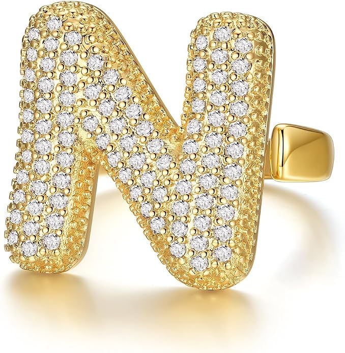 KeyStyle Bold Initial Letter Rings Adjustable, GoldChic Jewelry Women Gold Statement Ring Personalized Engraved Women’s Open Signet Ring for Party (Gold, White Gold, Black)