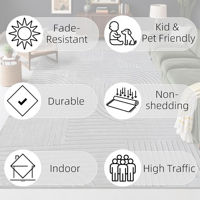 5x7 Grey Area Rug, Washable Rugs for Living Room Bedroom | Fluffy High-Low Pile Textured Rug with Modern Geometric Pattern, Ultra Soft Boho Carpet for Nursery, Kids Room, Home Office