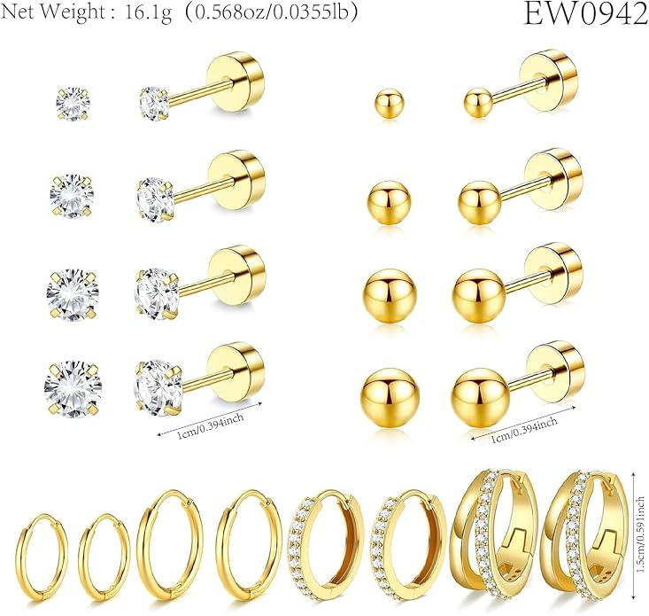 Stainless Steel Stud Earrings Set for Women Hypoallergenic Flat Back Cartilage Earrings Screw Back Huggie Hoop Earrings Multiple Piercing Cubic Zirconia Helix Tragus Jewelry