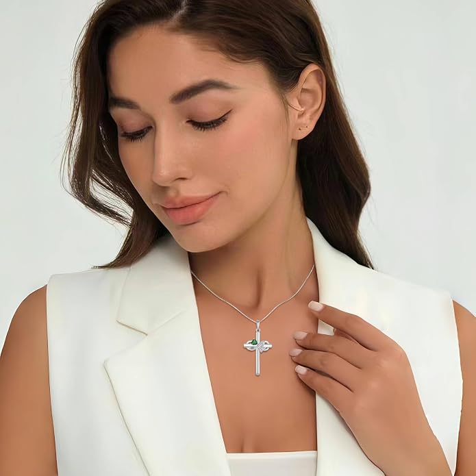 Infinity Butterfly Cross Necklace for Women 925 Sterling Silver Christian Religious Crucifix Pendant Birthstone Jewelry Gifts for Her