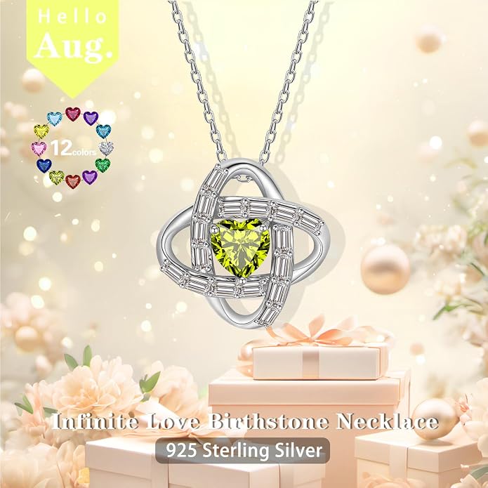 Birthstone Necklace for Women, S925 Sterling Silver Jewelry Gifts, White Gold Plated Love Knot Pendant, Anniversary Birthday Vanlentine Day's Gifts for Grandma, Wife, Mom and Sister