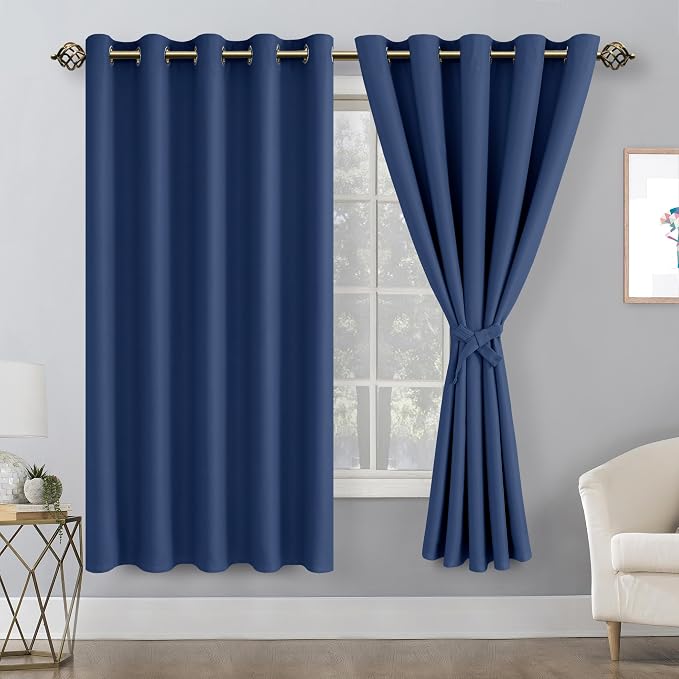 Hiasan Blackout Curtains for Bedroom, 60 x 63 Inches Length - Thermal Insulated & Energy Saving Window Curtains for Living Room, 2 Drape Panels Sewn with Tiebacks, Navy