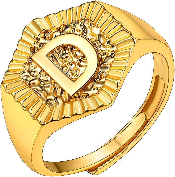 KeyStyle Bold Initial Letter Rings Adjustable, GoldChic Jewelry Women Gold Statement Ring Personalized Engraved Women’s Open Signet Ring for Party (Gold, White Gold, Black)