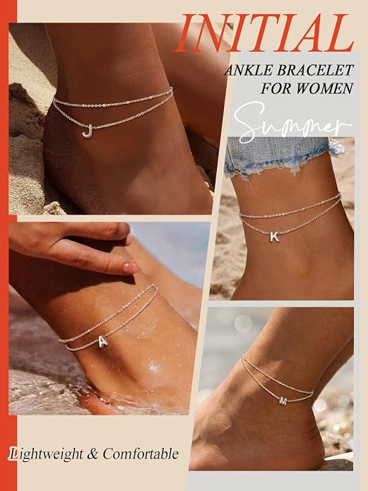 FaithHeart Initial Ankle Bracelets for Women, Waterproof 14k Gold Plated Initial Anklets Non Tarnish Stainless Steel Cute Layered Anklet Summer Beach Jewelry