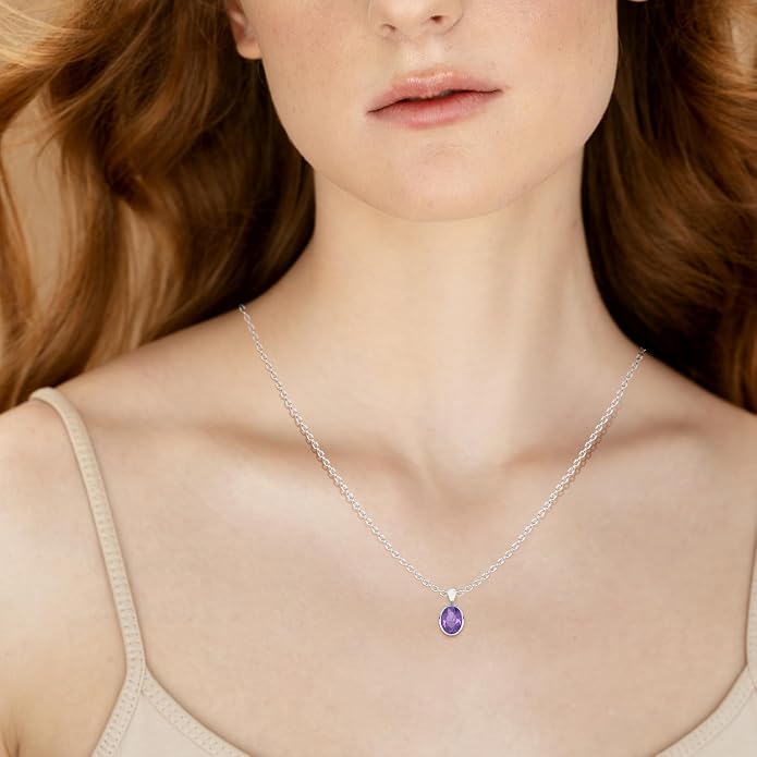 Natural Amethyst Pendant Necklaces for Women in Sterling Silver/18K Yellow Gold/Rose Gold Vermeil, February Birthstone Jewelry Gifts for Her Birthday, Anniversary (Oval, Pear, Round)