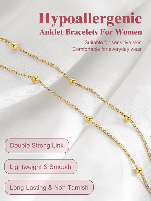 FOCALOOK 14K Gold Plated Anklets for Women Waterproof Plus Size Ankle Bracelet 8.5-10.5 Inch Adjustable Mariner/Figaro/Flat Snake/Cuban Link Chain Anklet Jewelry for Summer Beach Holiday