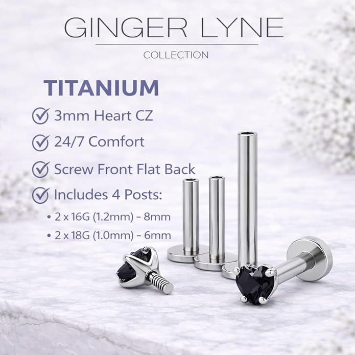 Titanium Heart CZ Labret Stud Earrings for Piercings by Ginger Lyne 6Pc Set G23 Screw Front Flat Back Body Jewelry 2 pair post 6mm, 8mm Cartilage, Helix, Tragus, Lip, Conch, Lobe