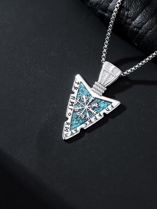 Viking Turquoise Arrowhead Necklace for Men Celtic/Evil Eye/Ankh/Valknut/Compass Arrow Head Pendant Fathers Day Birthday Gifts