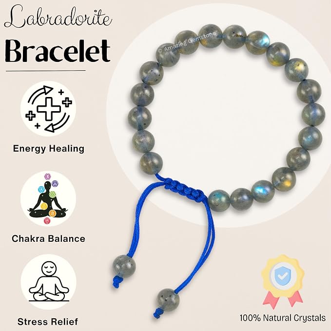 Amazing Gemstone Labradorite Bracelet, Gifts for Men & Women - Protection Healing Crystal Bracelet - 8mm Gemstone Beaded Adjustable Bracelet, Pulseras para Hombres Mujer Stocking Stuffers