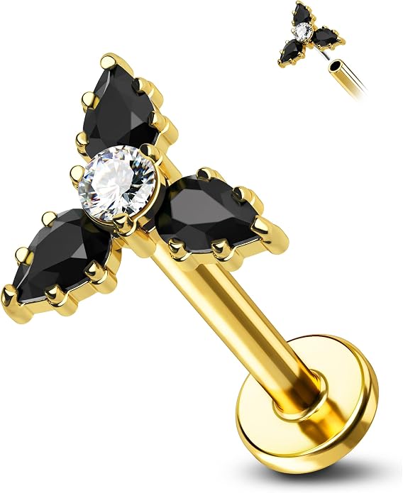 Cocharm G23 Titanium 16g Flat Back Helix Tragus Earring Stud - Gold Black Triple Floewr Threadless Cartilage Piercing Jewelry