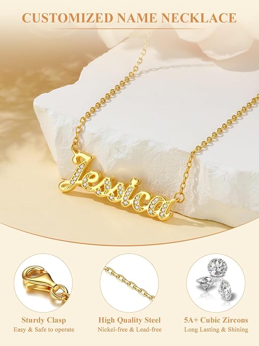 Custom4U Custom Name Necklace for Women, Personalized 1-5 Name Necklace, Sterling Silver/Stainless Steel 14K Gold Plated Nameplate Necklaces, Gift for Mom Wife Anniversary Birthday with Box