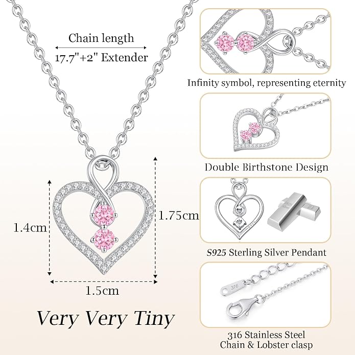 LOUISA SECRET Double Birthstone Necklaces for Women, 925 Sterling Silver Infinity Love Heart Pendant Necklace for Her, Birthday Anniversary Valentine's Day, Christmas, Wedding, Graduation Gift for Her, Personalized Gifts, Jewelry Gifts for Wife Mom Gir...