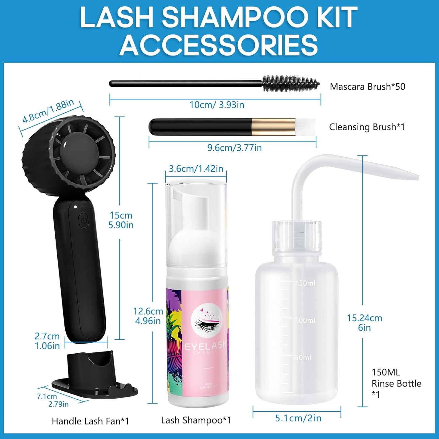 Buqikma Lash Shampoo Kit - Eyelash Extension Cleanser for Extensions 60ML with Rechargeable Handheld Lash Fan Dryer Mascara Brush Rinse Bottle Makeup Cleansing Foam for Lash Care