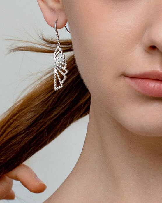 Asymmetrical Chain Dangle Earrings for Women 18K Gold Plated 925 Silver Circle and Long Ear Pin Tassel Chain Triangle Wing-Inspired 6A CZ Drop Earring Geometric Symbolic Earrings Jewelry Gifts