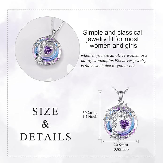 POPLYKE Mothers Day Gifts for Mom Her Wife Tree of Life Necklace 925 Sterling Silver Birthstone Pendant with Crystal Anniversary Birthday Wedding Jewelry for Women