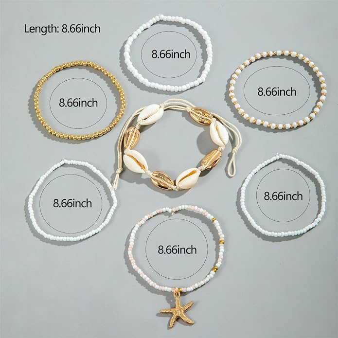 Shell Anklets Bracelet for Women Waterproof Surfer Starfish Bracelet Puka Shell Anklet Colorful Boho Stack Stretch Bead Bracelet Set Hawaii Summer Beach Vacation Foot Jewelry