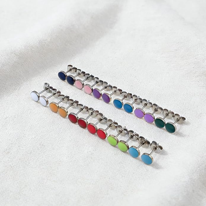 JMLOON 12 Pairs Enamel Flat Back Stud Earrings Surgical Stainless Steel Round Heart Star Square Hexagon Screw Back Stud Earrings
