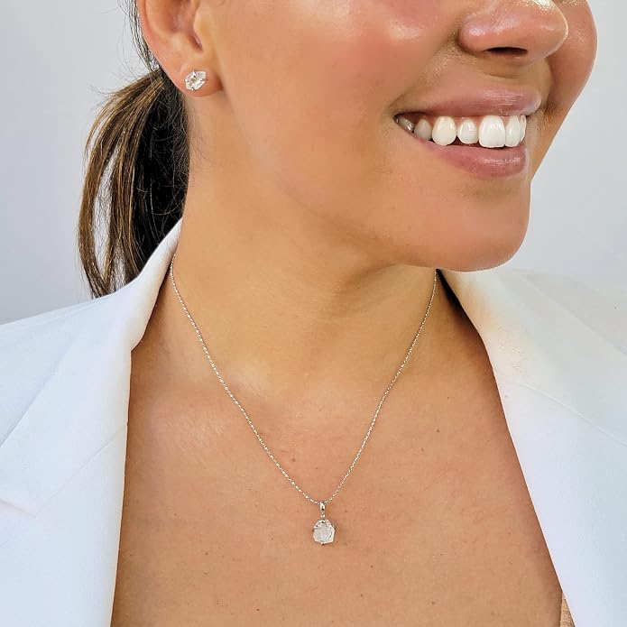 Natural raw gemstone pendant chain necklace with white gold over 925 solid sterling silver, birthstone dainty solitaire gift for her, uniquelan jewelry