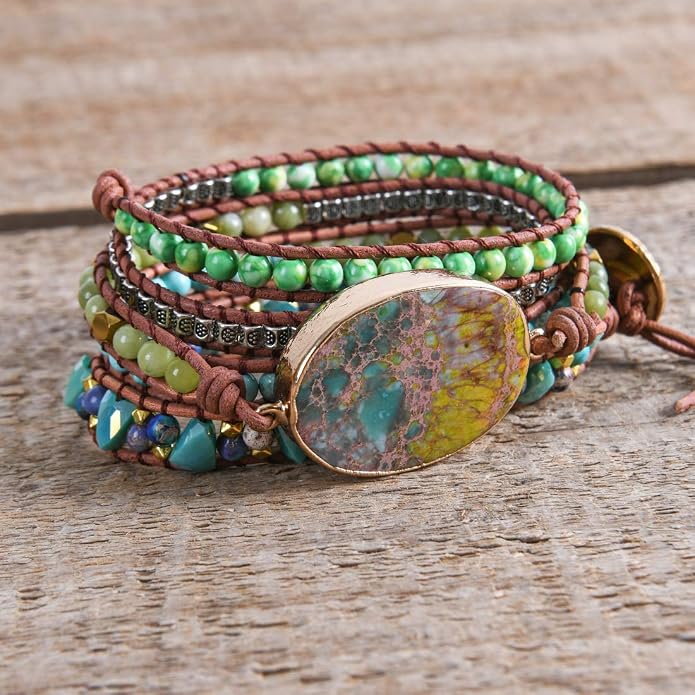YGLINE Bohemian Handmade Bracelet Adjustable Natural Stone Jasper Bangle Leather Bracelet for Women – Wide Wrap Wrist Statement Jewelry