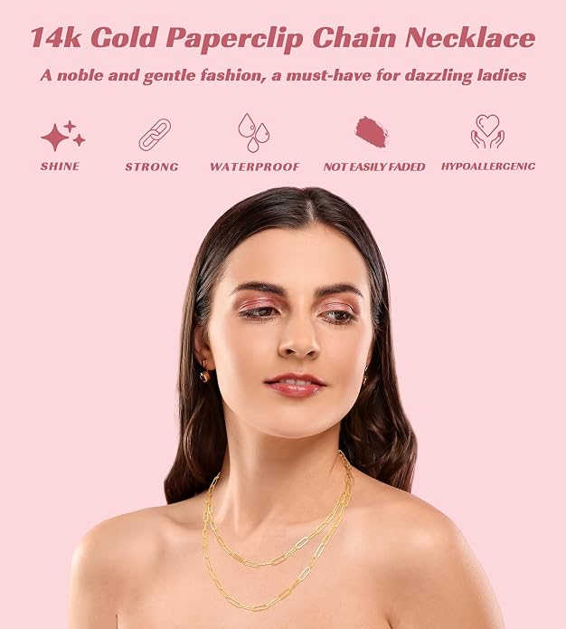 3mm 4mm 5mm 14K Plated Gold and 925 Sterling Silver Paperclip Chain Necklace for Women, Women's Paperclip Chain Necklace, World's Top Craftsmanship Necklace for Women 16 18 20 22 24 26 Inches