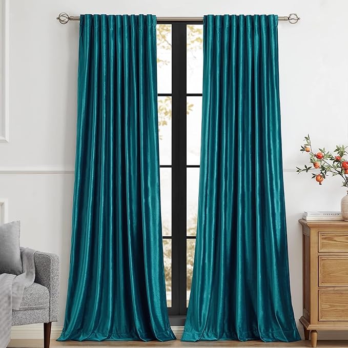 Elegant Teal Velvet Curtains 90 inches for Living Room,Luxury 2 Panels Room Darkening Rod Pocket Back Tab Curtain Bluish Green Thermal Insulated Soundproof Noice Reducing Window Drapes for Bedroom