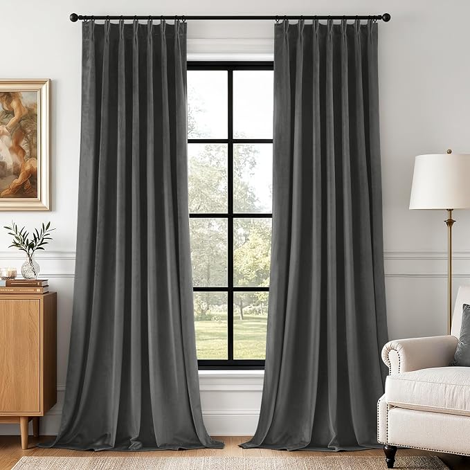 MIULEE Gray Velvet Curtains 90 inches Long, Pinch Pleated Blackout Drapes with Hooks, Thermal Insulated Pinch Pleat Panels for Bedroom Living Room, 2 Panels