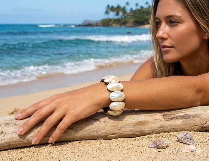 Natural Mother of Pearl Shell Stretch Cuff Bracelet 6 to 8 inches Stretchable Handmade Jewelry BA019