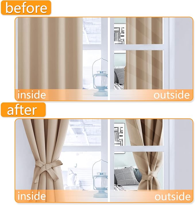 Hiasan Short Blackout Curtains for Bedroom - Thermal Insulated & Energy Saving Window Curtains for Living Room, 2 Drape Panels Sewn with Tiebacks, Beige, 42 x 45 Inch