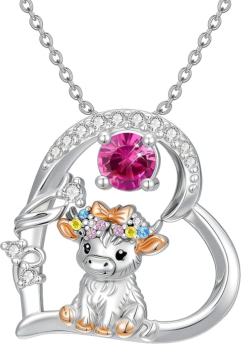 Highland Cow Gifts for Women 925 Sterling Silver Highland Cow Birthstone Necklace Fluffy Cow Jewelry Gifts Birthday Christmas