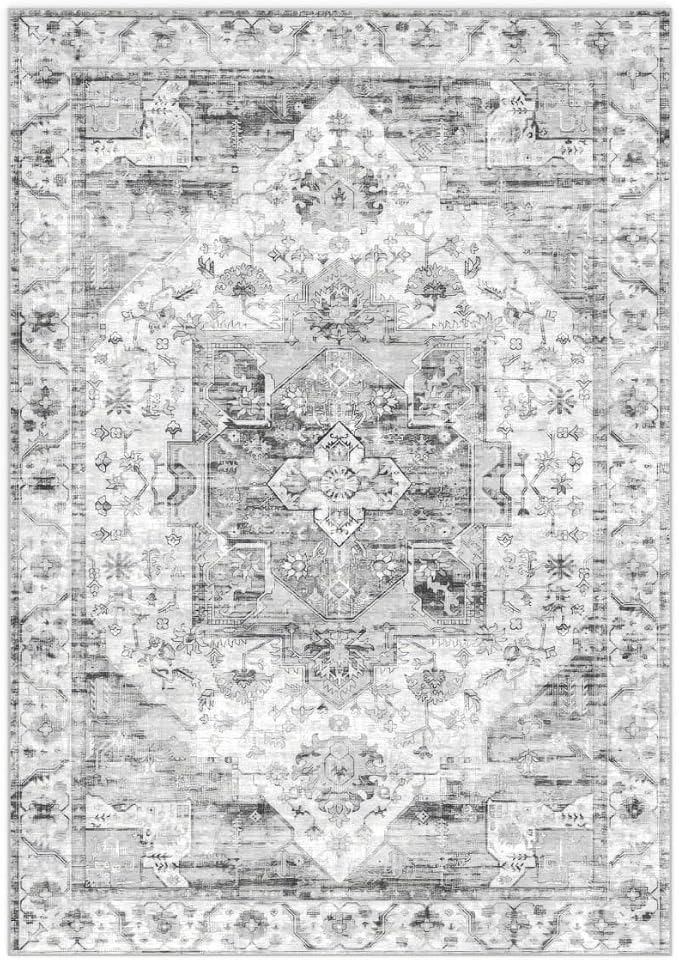 4x6 Area Rug for Living Room-Vintage Farmhouse Boho Floral Washable Stain Resistant Indoor Carpet for Bedroom Office and Home Decor(Black&Grey)