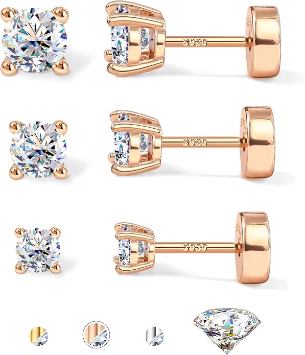 GEMQUEEN 3/4 Pairs Moissanite Earrings Studs 14K Gold Plated S925 Sterling Silver Flat Back Earring for Women Men - Hypoallergenic Set Cartilage Helix Piercing Jewelry Trendy D Color VVS1