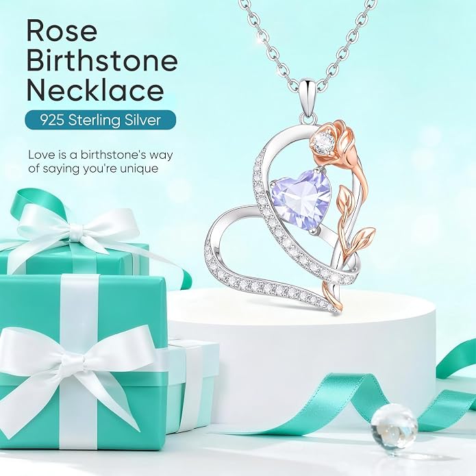 Rose Heart Birthstone Necklace for Women - Dainty 925 Sterling Silver Necklaces for Women Trendy CZ Pendant Necklace Jewelry Birthday Anniversary Christmas Gifts for Girlfriend Mom Lady Daughter