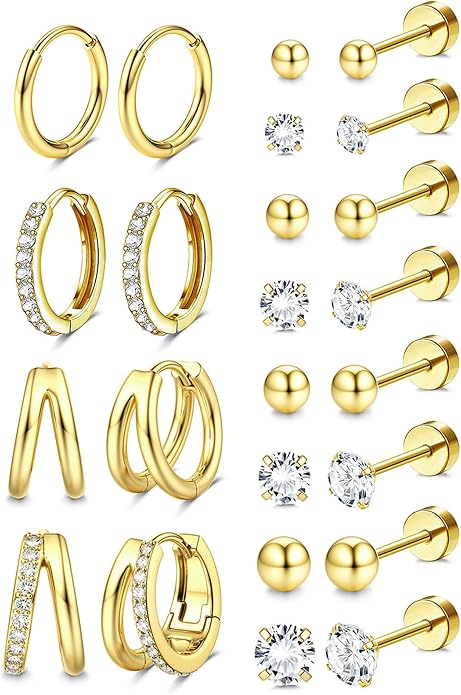 Jstyle Hypoallergenic 14K Gold Plated Stud Hoop Earrings for Women Men Surgical Stainless Steel Flat Back Earrings Small Huggie Hoops Cartilage Earring Set for Multiple Piercing Jewelry Gift for Women