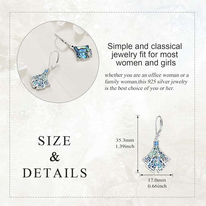 Abalone Shell Dangle Drop Earrings for Women 925 Sterling Silver Filigree Bohemian Earrings Jewelry Gift