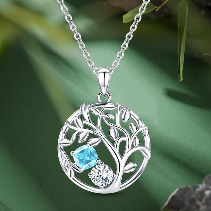 Tree of Life Birthstone Necklace for Women 925 Sterling Silver Birthstone Pendant 12 Months Necklaces with Zircon Birthday Gifts for Women, Mom, Grandma Cable Chain 18"+2"